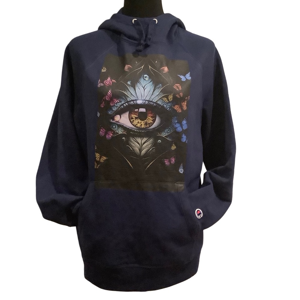 Visual Bliss Co Custom DTG Champion Brand Hoodie with Eye and Butterfly Design